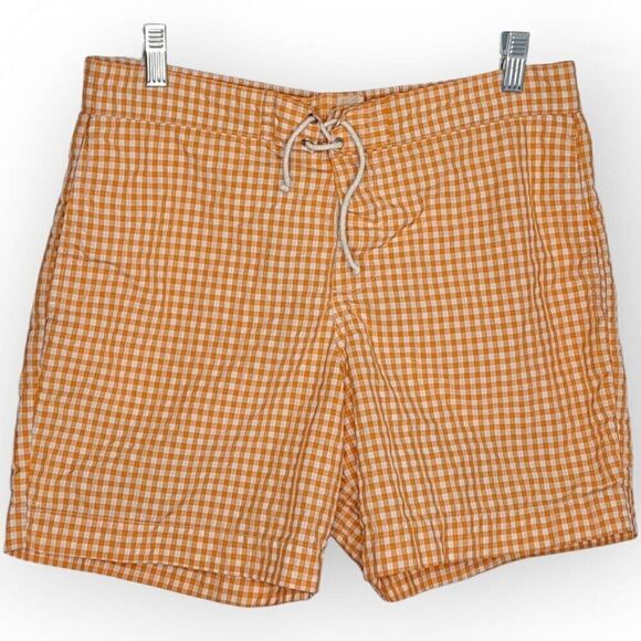 VENISSAC Men’s Swim Trunk Shorts Beach Luxury Travel Orange White Gingham Print - Picture 1 of 5